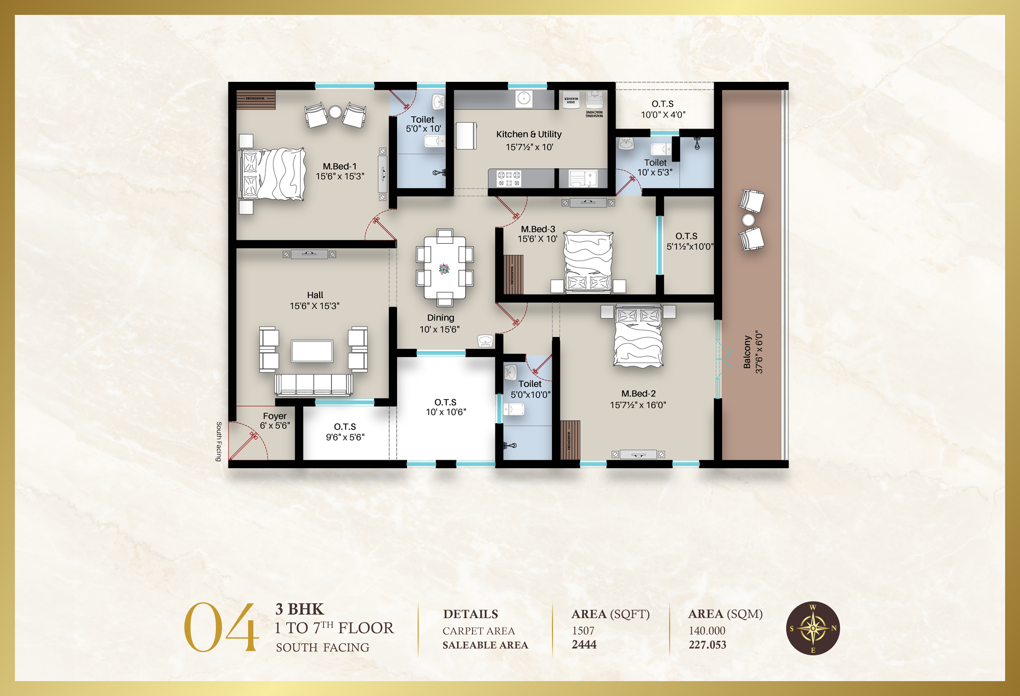 Beatriz Apartment 3BHK | South facing | 2444 sq-ft